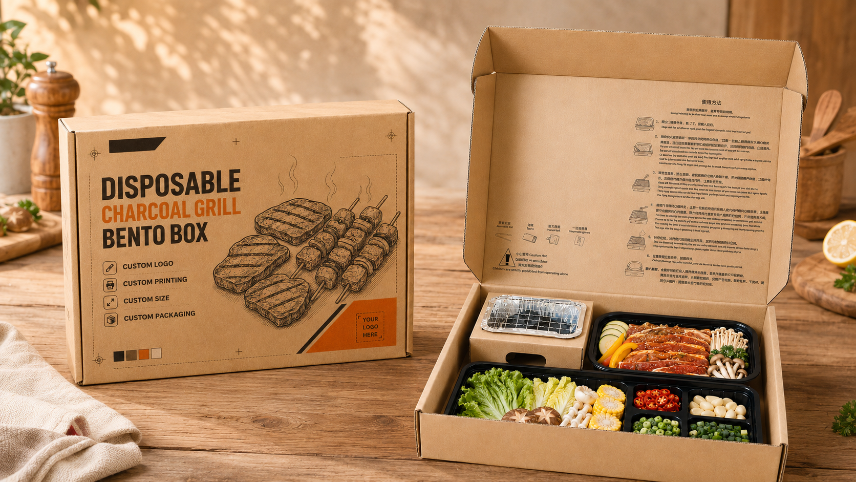 Ready2BBQ product display with kraft box and bento trays