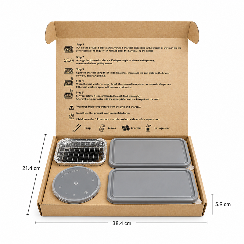 Open BBQ kit with gray food containers and charcoal grill